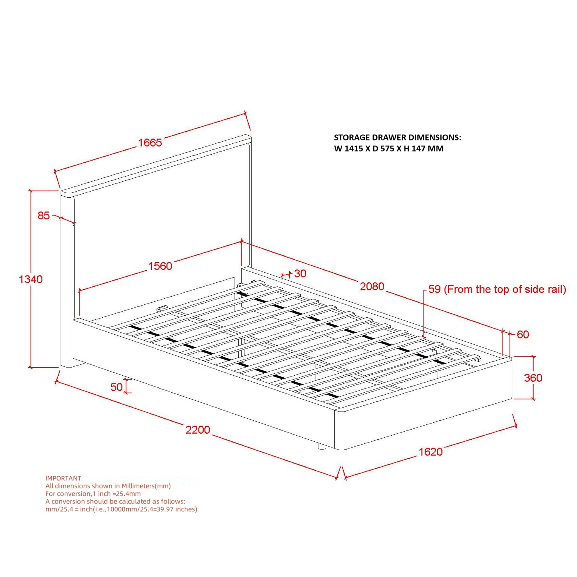 Andover 60" Queen Platform Bed W/Drawer